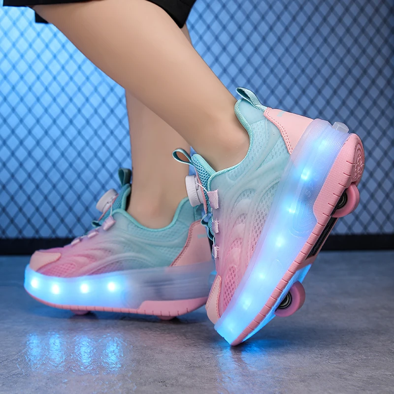 Kids Kid Swivel Buckle Sneakers Mesh USB Charge Luminous Shoe Outdoor Sport Two Wheels Roller Skates Children Boys Girls Casual Shoes