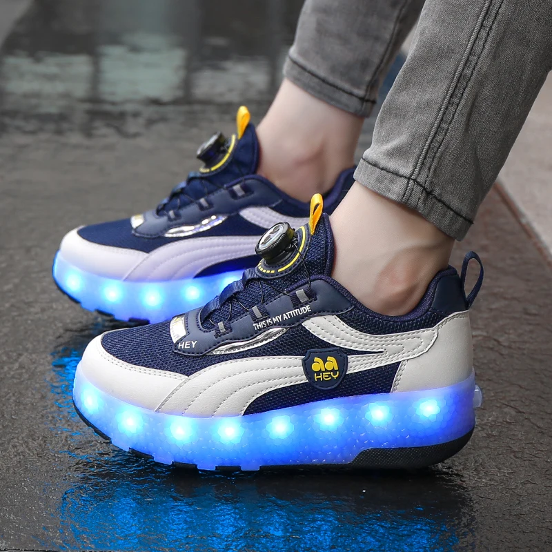 Kids Swivel Buckle Two Wheels USB Charging Sneakers LED Light Roller Skate Shoes For Children Fashion Boys Girls Luminous Shoes