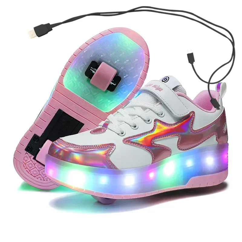 Kids LED Usb Charging Roller Shoes Glowing Light Up Luminous Sneakers with Wheels Kids Rollers Skate Shoes for Boy Girls