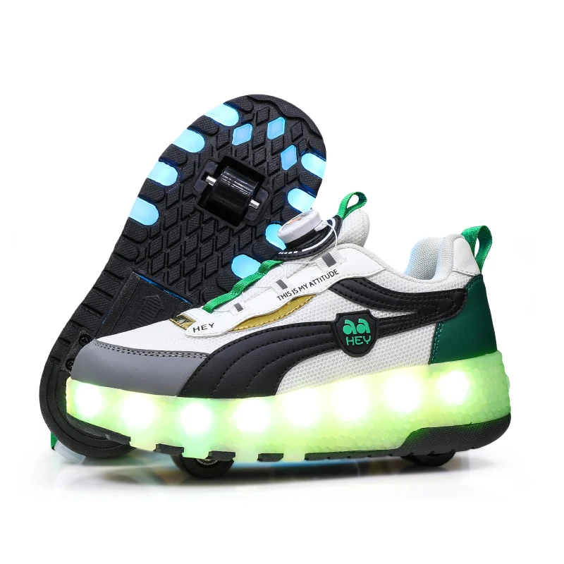 Kids Swivel Buckle Two Wheels USB Charging Sneakers LED Light Roller Skate Shoes For Children Fashion Boys Girls Luminous Shoes