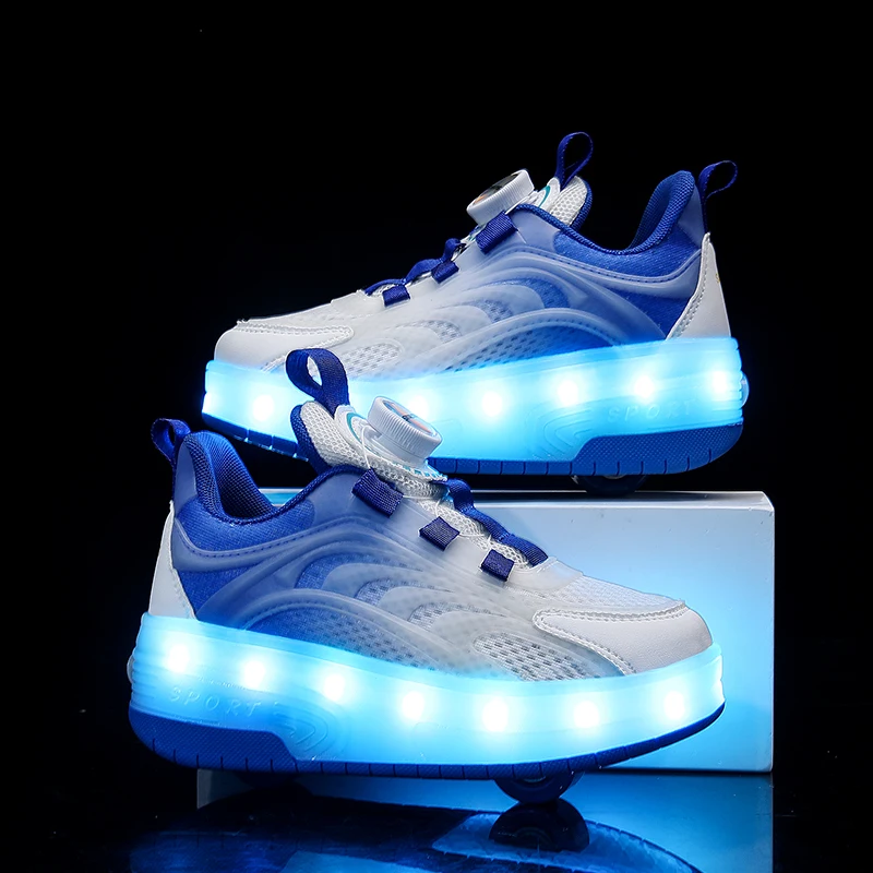 Kids Kid Swivel Buckle Sneakers Mesh USB Charge Luminous Shoe Outdoor Sport Two Wheels Roller Skates Children Boys Girls Casual Shoes