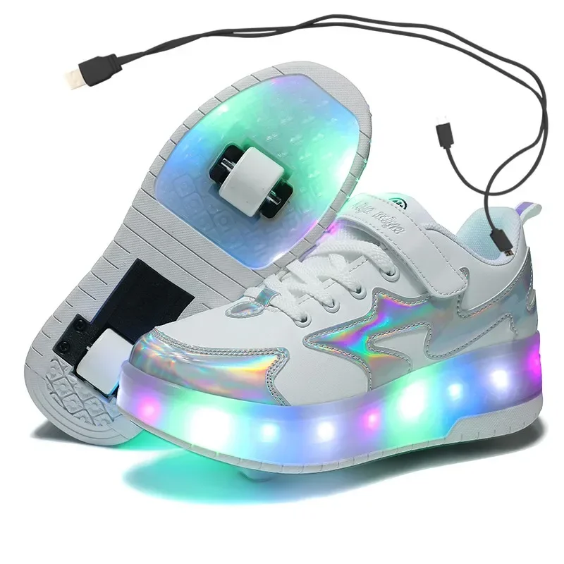 Kids LED Usb Charging Roller Shoes Glowing Light Up Luminous Sneakers with Wheels Kids Rollers Skate Shoes for Boy Girls