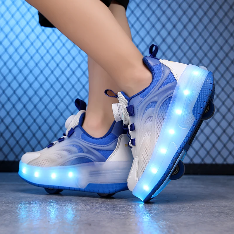 Kids Kid Swivel Buckle Sneakers Mesh USB Charge Luminous Shoe Outdoor Sport Two Wheels Roller Skates Children Boys Girls Casual Shoes